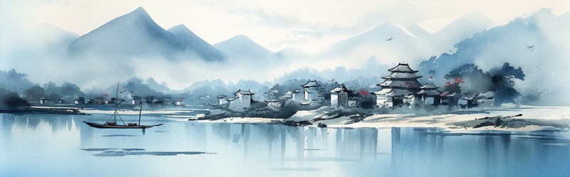 江边房屋成群墨青色江面小船中国风背景,插画/手绘图,插画/手绘图库,插画/手绘图下载,插画/手绘